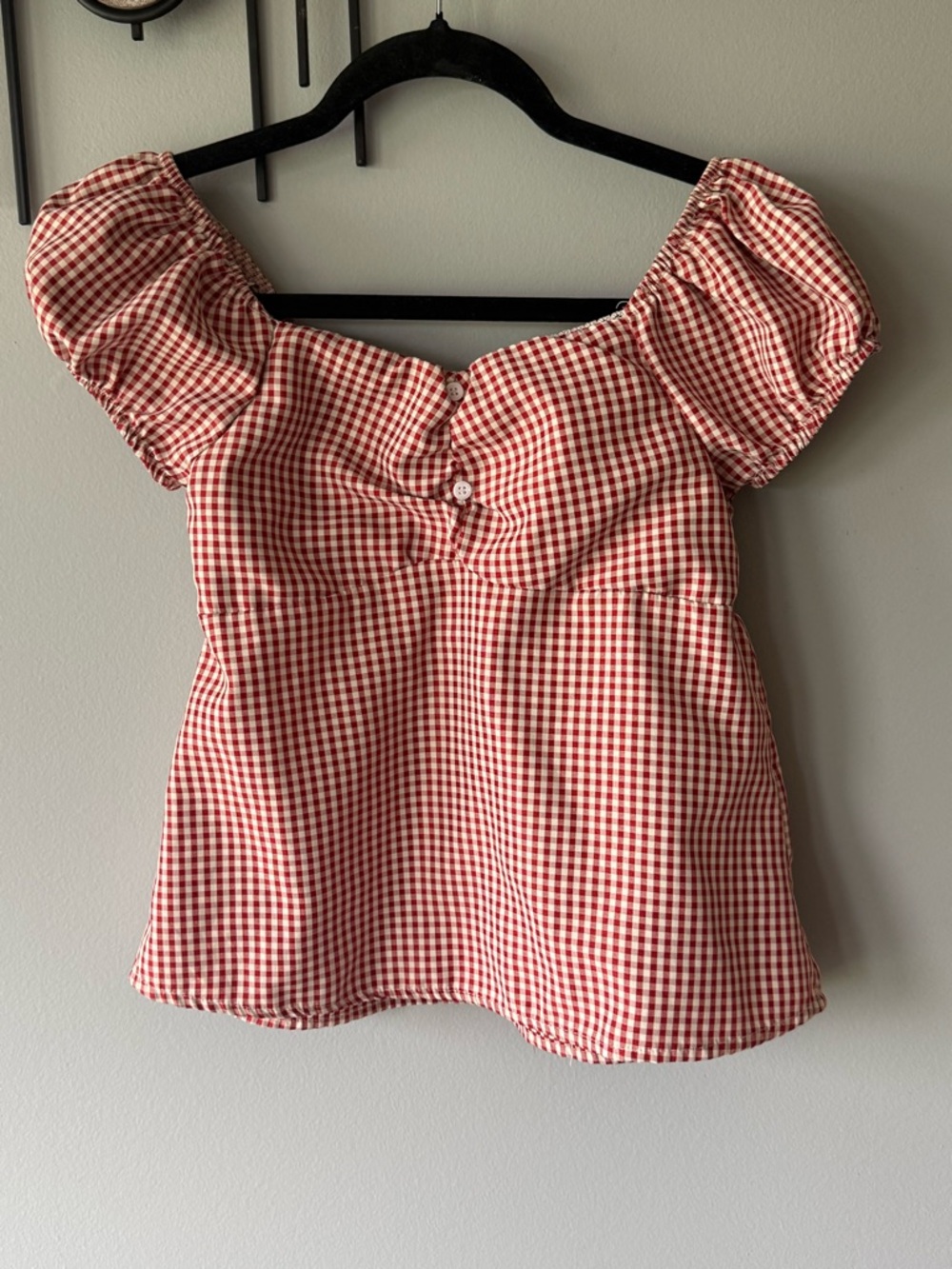 SHEIN Red Gingham Puff Sleeve Square Neck Blouse